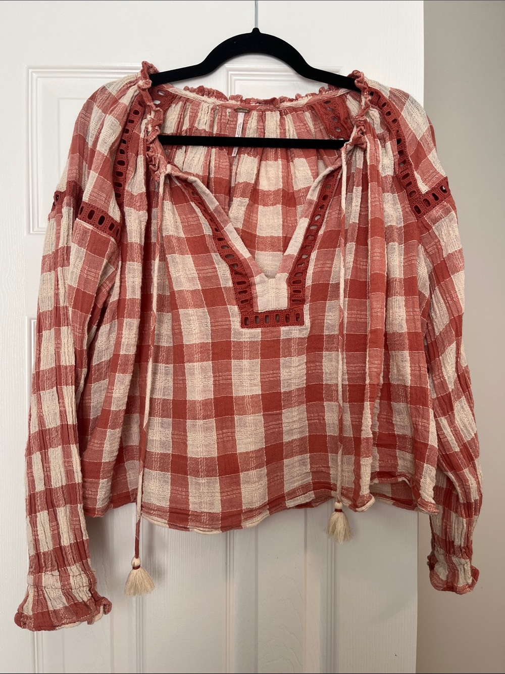 Free People Womens Pink & Cream Plaid Peasant Blouse